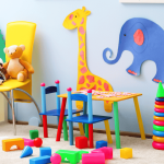 Colorful educational decor in a kids' room with interactive elements and creative designs.