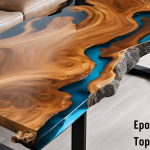 High-gloss epoxy resin table top finish with clear, smooth surface and natural wood grain.