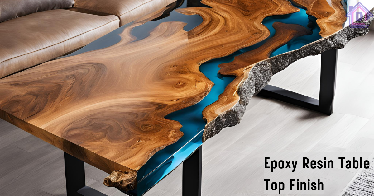 High-gloss epoxy resin table top finish with clear, smooth surface and natural wood grain.