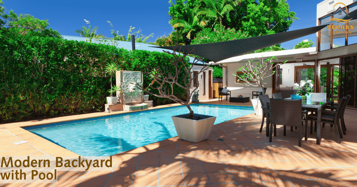 Modern backyard with a stylish pool, showcasing elegant landscaping and seating areas.