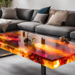 Epoxy resin table with LED lights showcasing vibrant colors and unique design in a contemporary living room setting.