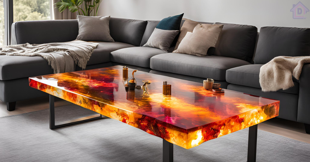 Epoxy resin table with LED lights showcasing vibrant colors and unique design in a contemporary living room setting.