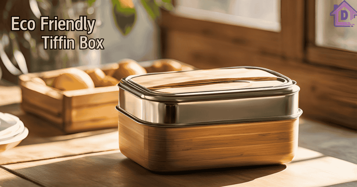 Eco-friendly tiffin boxes made from sustainable materials like stainless steel and bamboo, promoting zero-waste meal packing