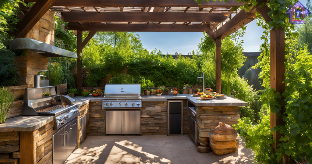 An outdoor kitchen pergola with roof