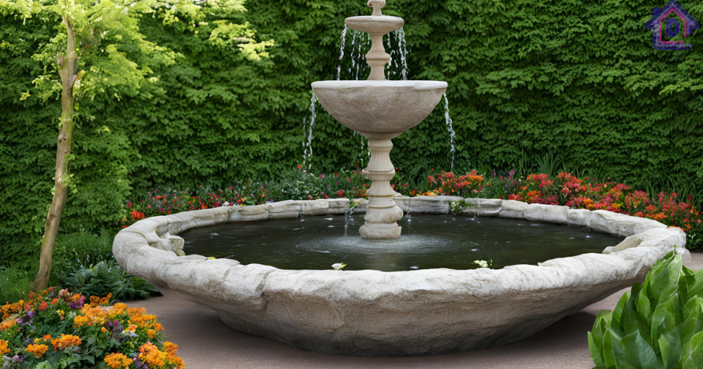 Fountain with colourful flowers & greenery