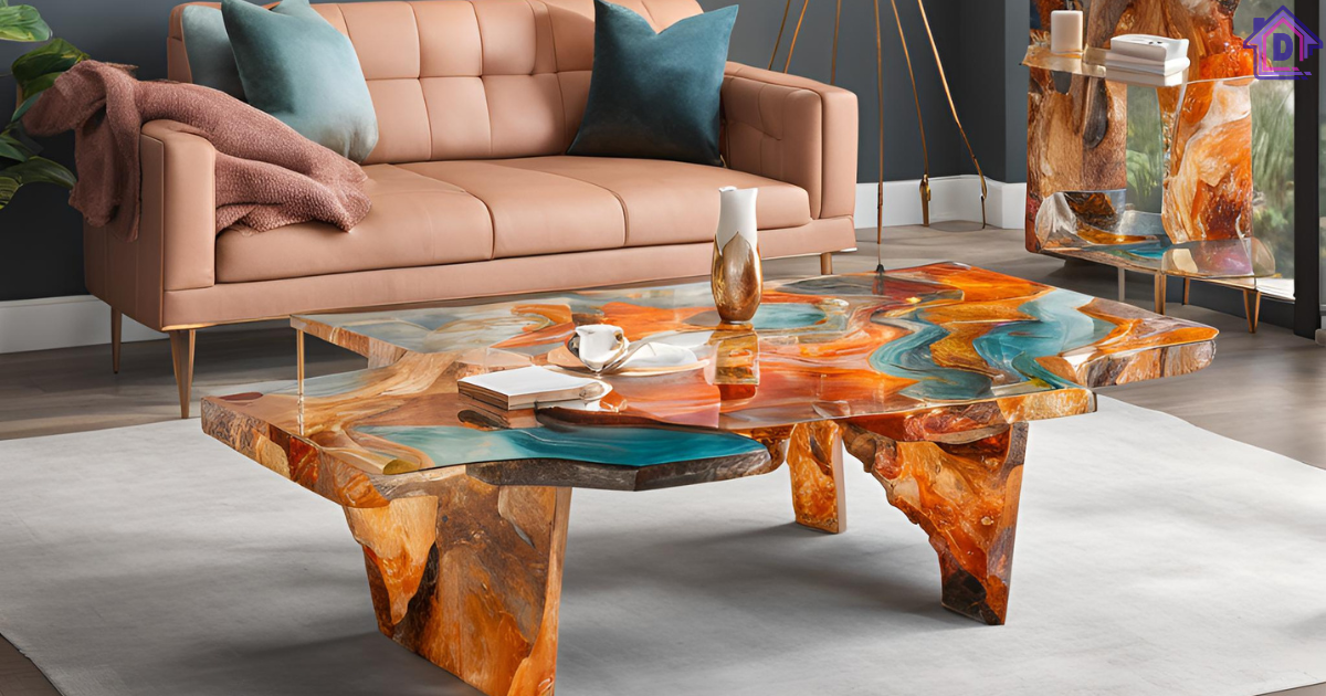 Beautiful epoxy resin furniture showcasing creative designs and vibrant colors.